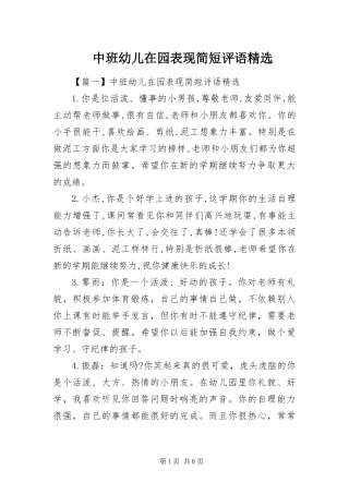 2024年中班幼儿在园表现简短评语