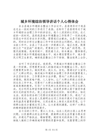 2024年城乡环境综治领导致辞个人心得体会