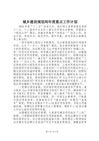 2024年城乡建设规划局年度重点工作计划