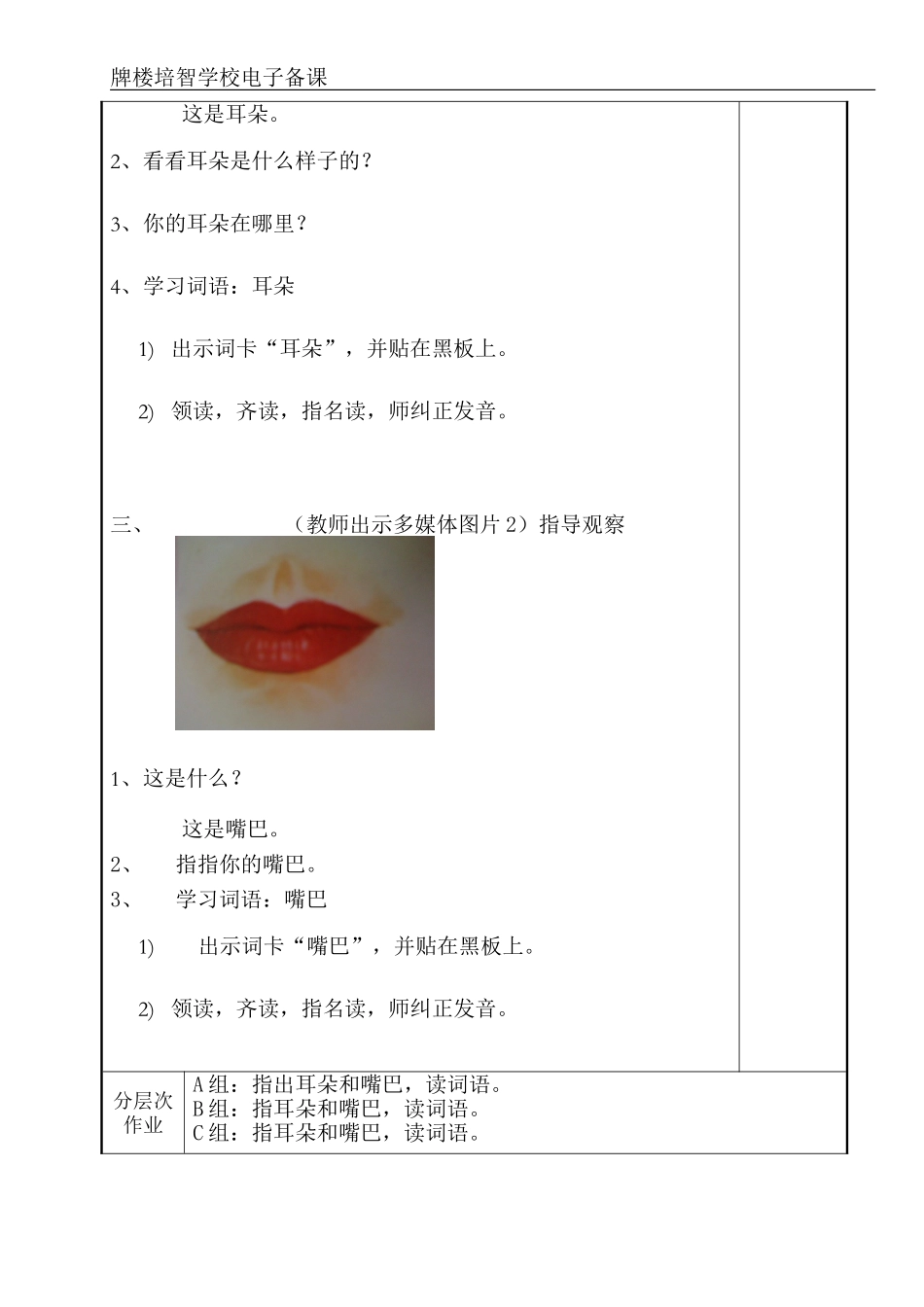 培智学校生活语文第二册《2、耳朵、嘴巴》教案_第2页