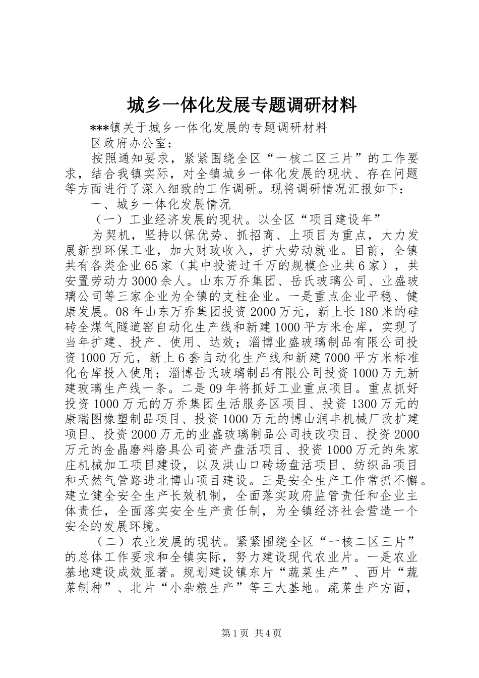 2024年城乡一体化发展专题调研材料_第1页