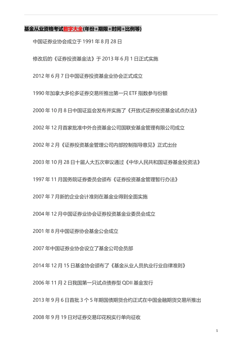 基金从业资格考试数字大全(年份+期限+时间+比例等)--高频考点归纳汇总(十类)_第1页