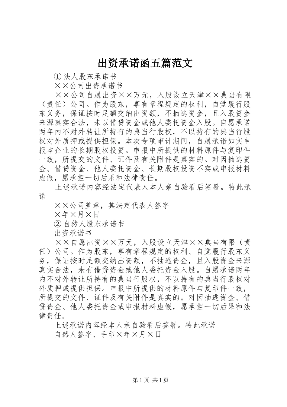 2024年出资承诺函五篇范文_第1页