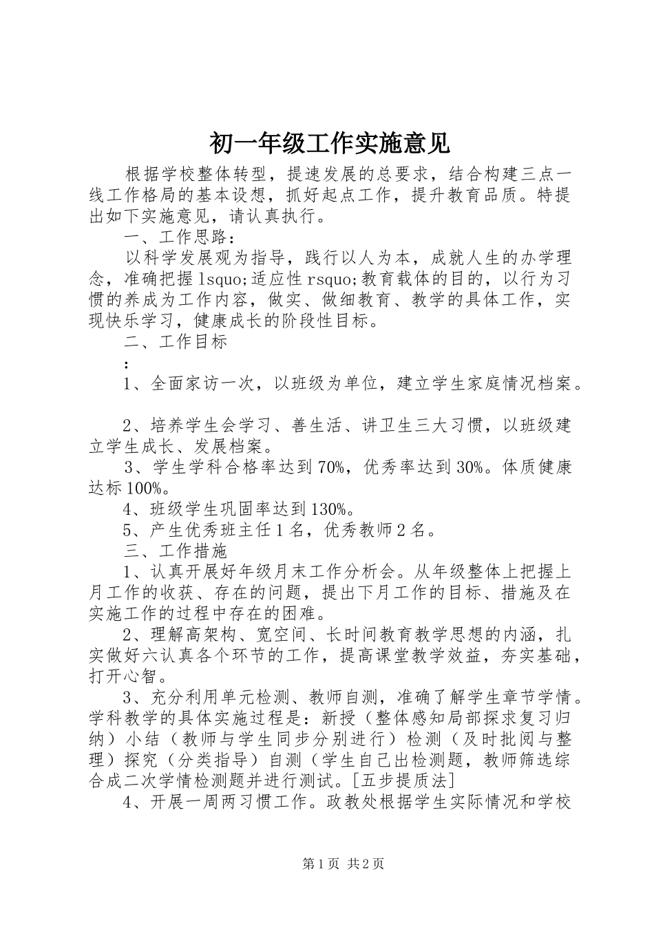 2024年初一年级工作实施意见_第1页