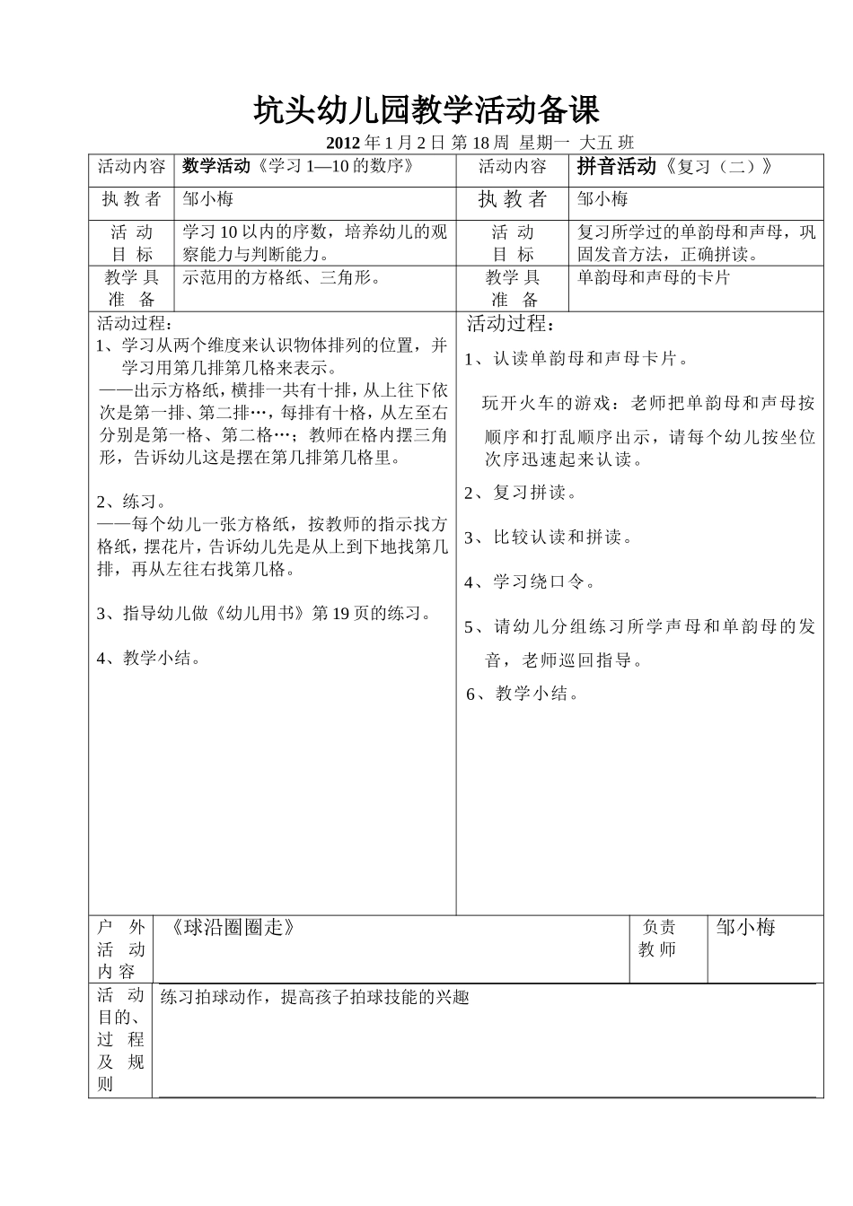 坑头幼儿园2011学年第一学期大五班备课-第18周_第1页