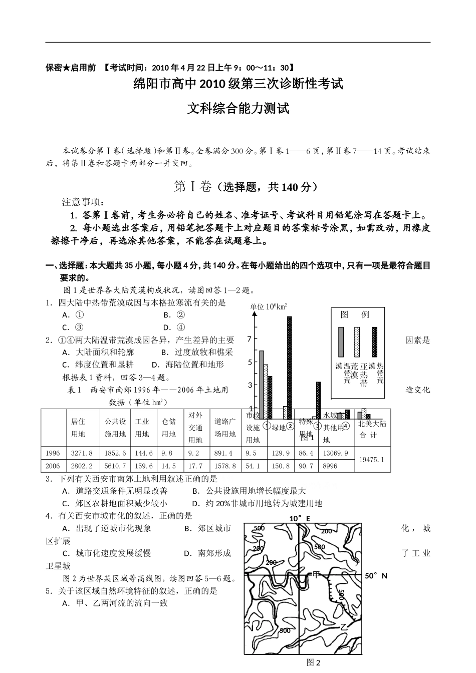 四川省绵阳市高中届高三第三次诊断(文综)doc_第1页