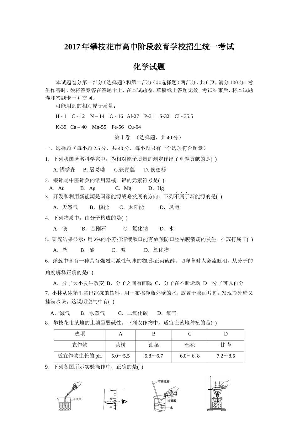 四川省攀枝花市2017年中考化学试题(含解析)_第1页