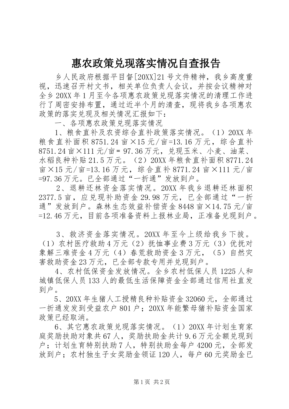 2024年惠农政策兑现落实情况自查报告_第1页