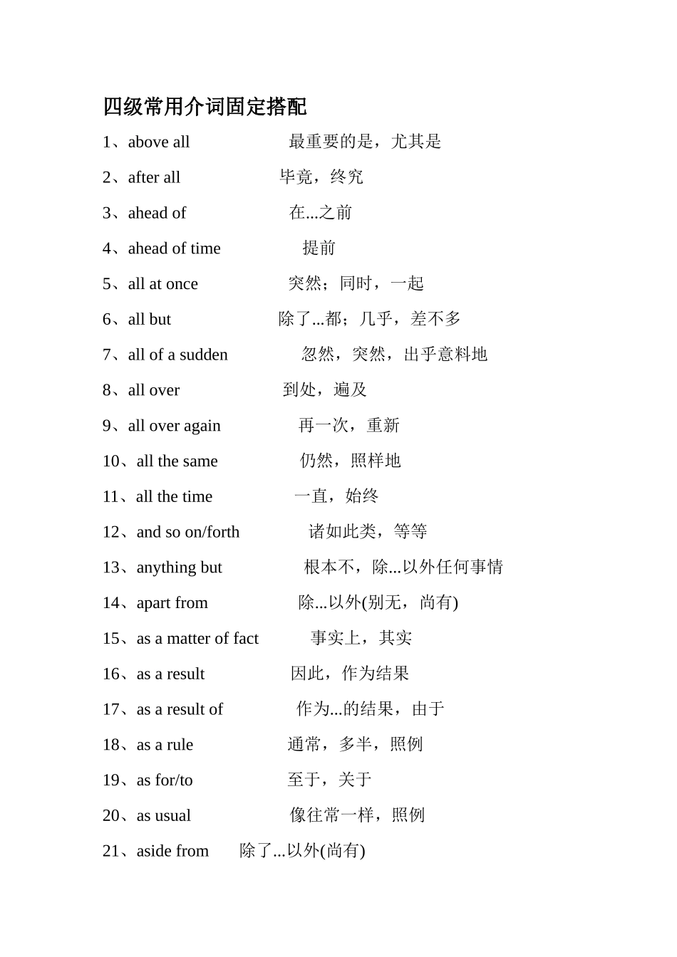 四级常用介词固定搭配_第1页