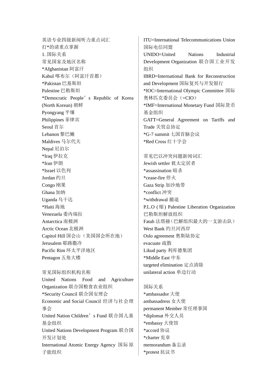四级听力常用新闻词汇分类汇总_第1页