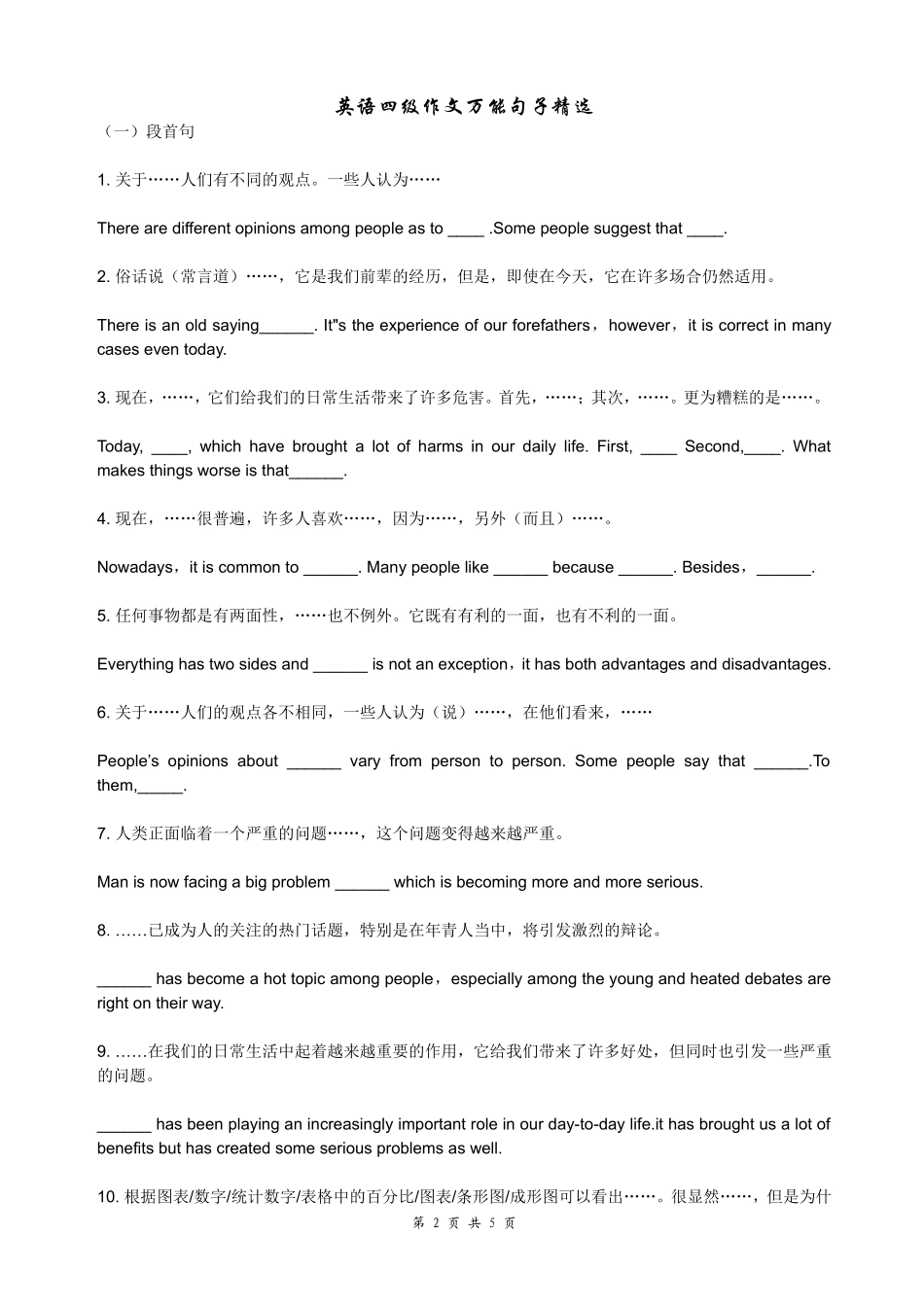 四级英语作文万能句子精选_第2页