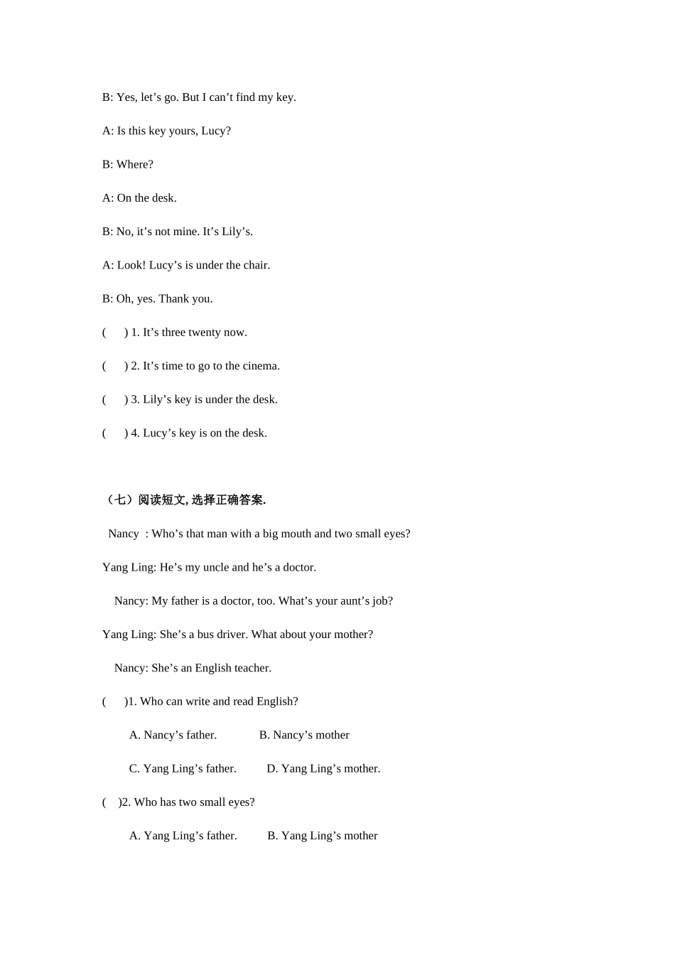 四年级上册英语阅读理解练习_第3页