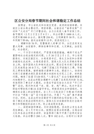 2024年区公安分局春节期间社会和谐稳定工作总结