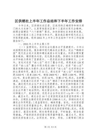 2024年区供销社上半年工作总结和下半年工作安排