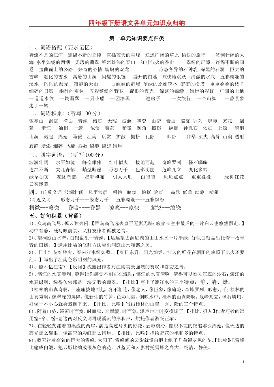 四年级下册语文各单元知识点归纳_第1页