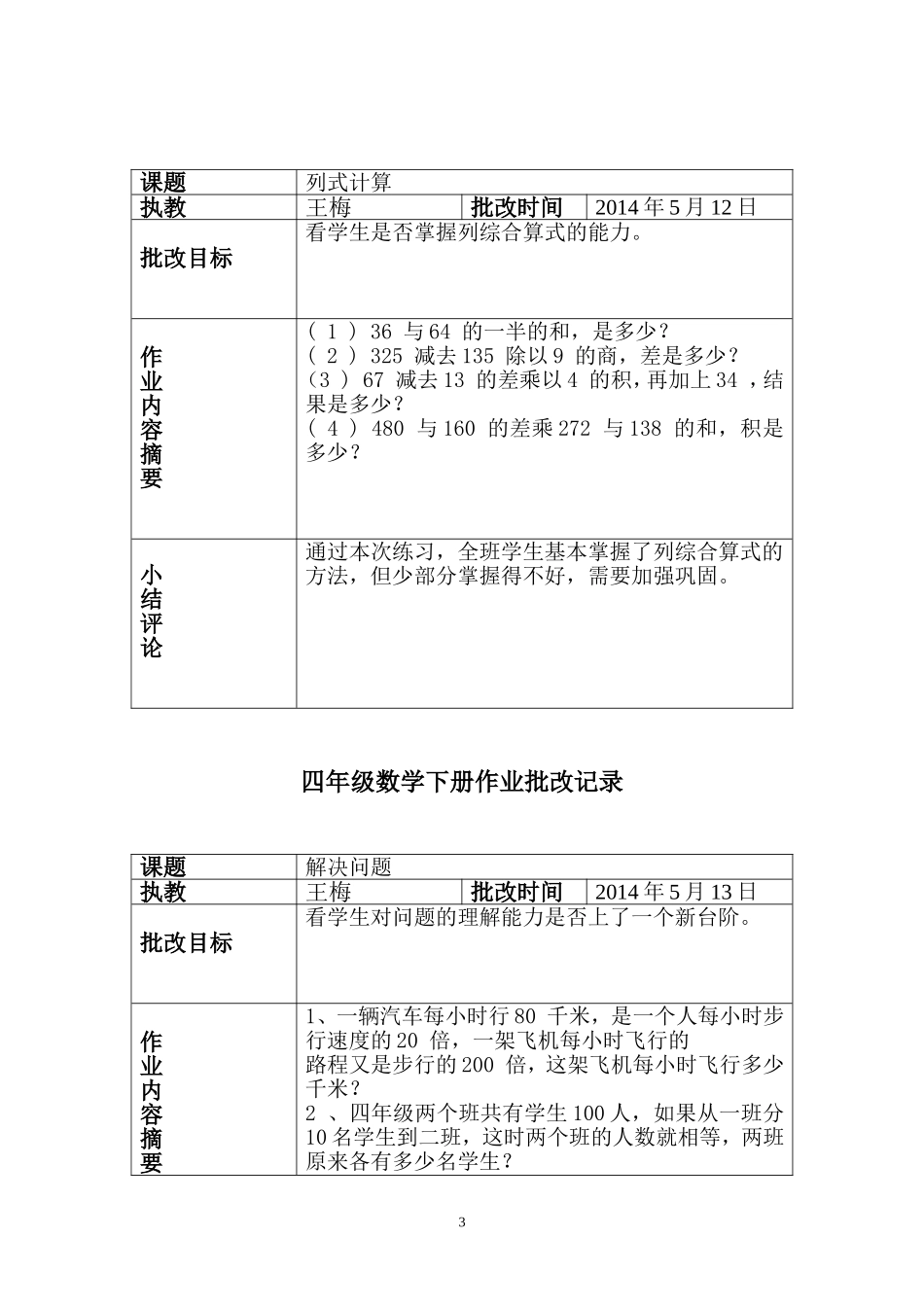 四年级数学下册作业批改记录_第3页