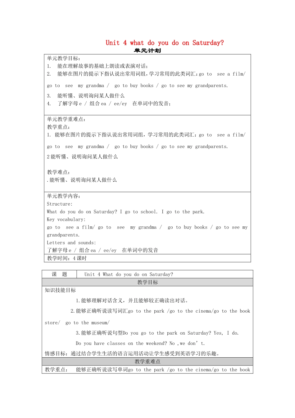 四年级英语下册-Unit-4-What-do-you-do-on-Saturday教案1-陕旅版_第1页