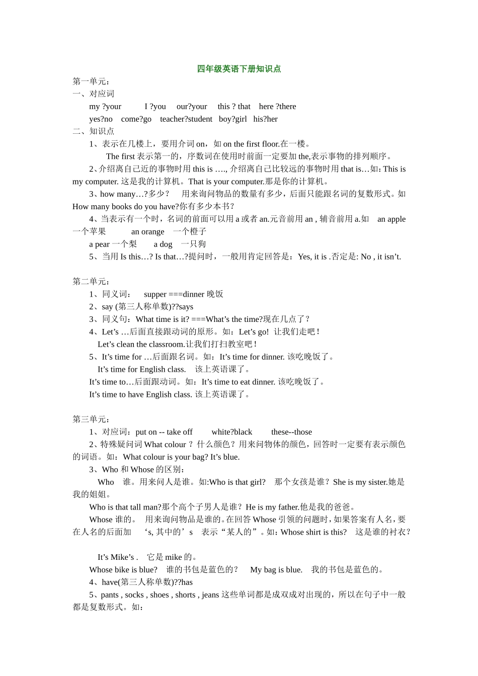 四年级英语下册知识点归纳(同名15108)_第1页