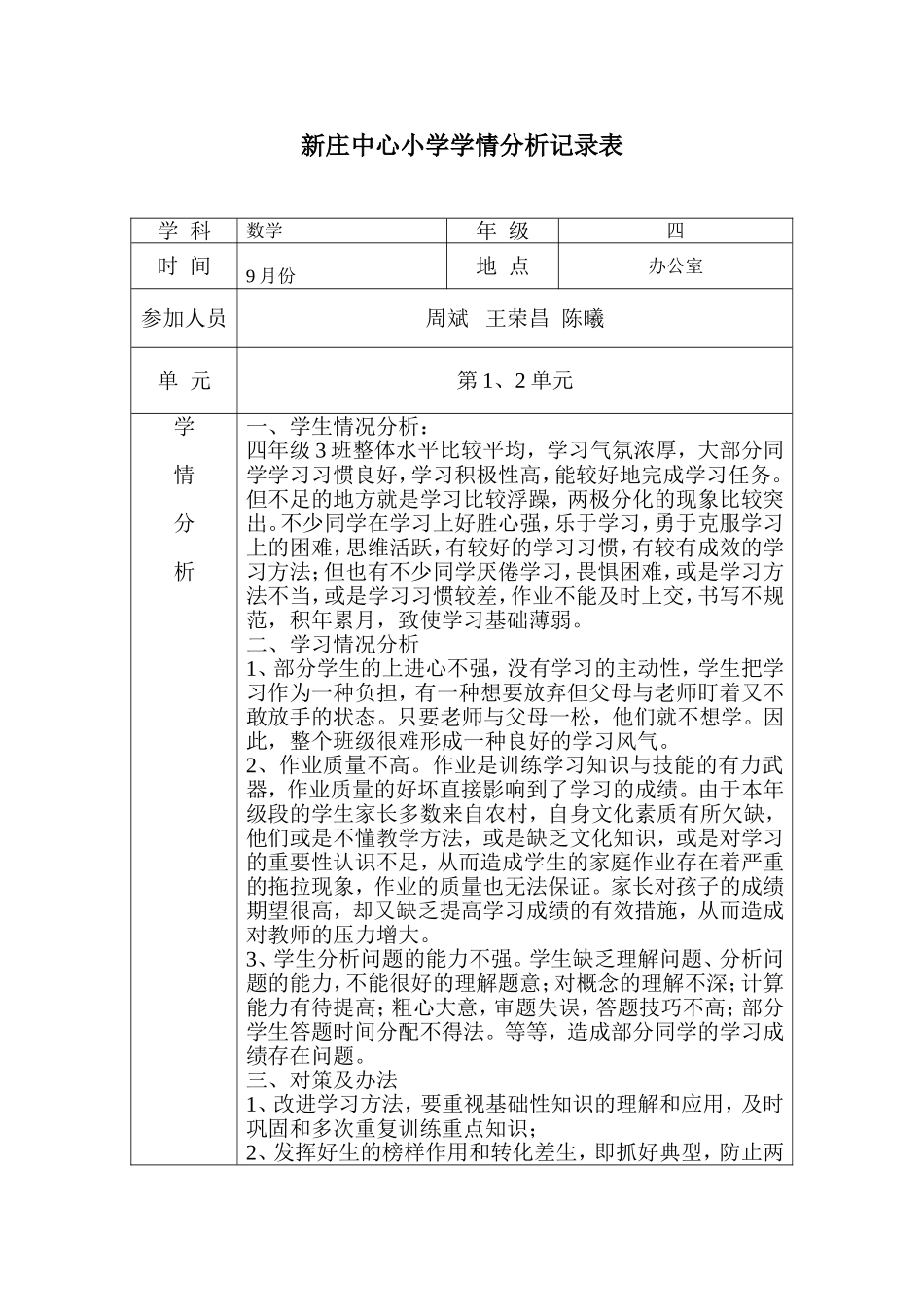 四年级学情分析记录表_第1页