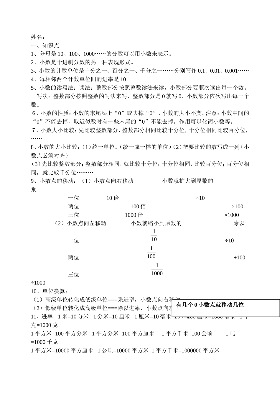 四年级下册数学小数的意义与性质练习题_第1页