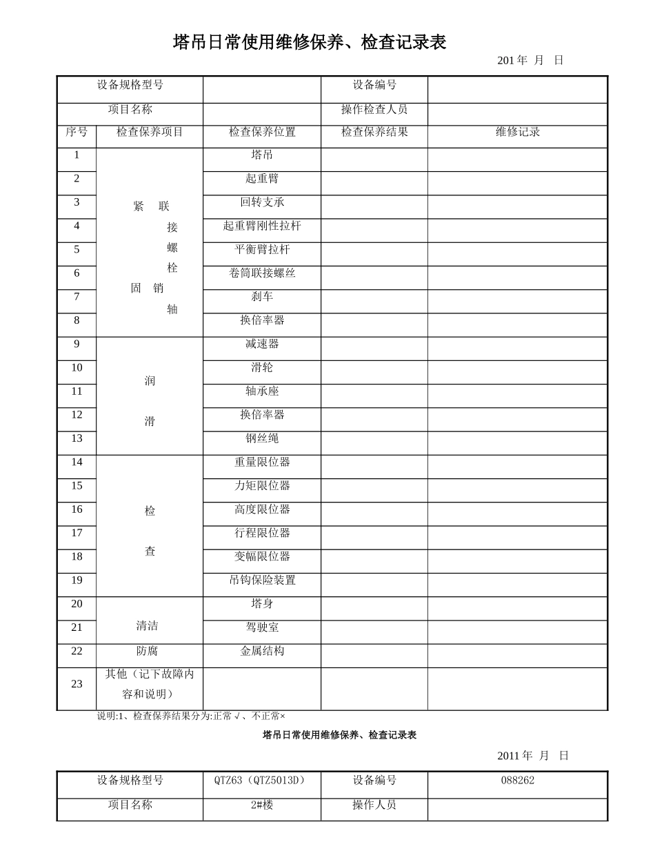 塔吊日常使用维修保养、检查记录表_第1页