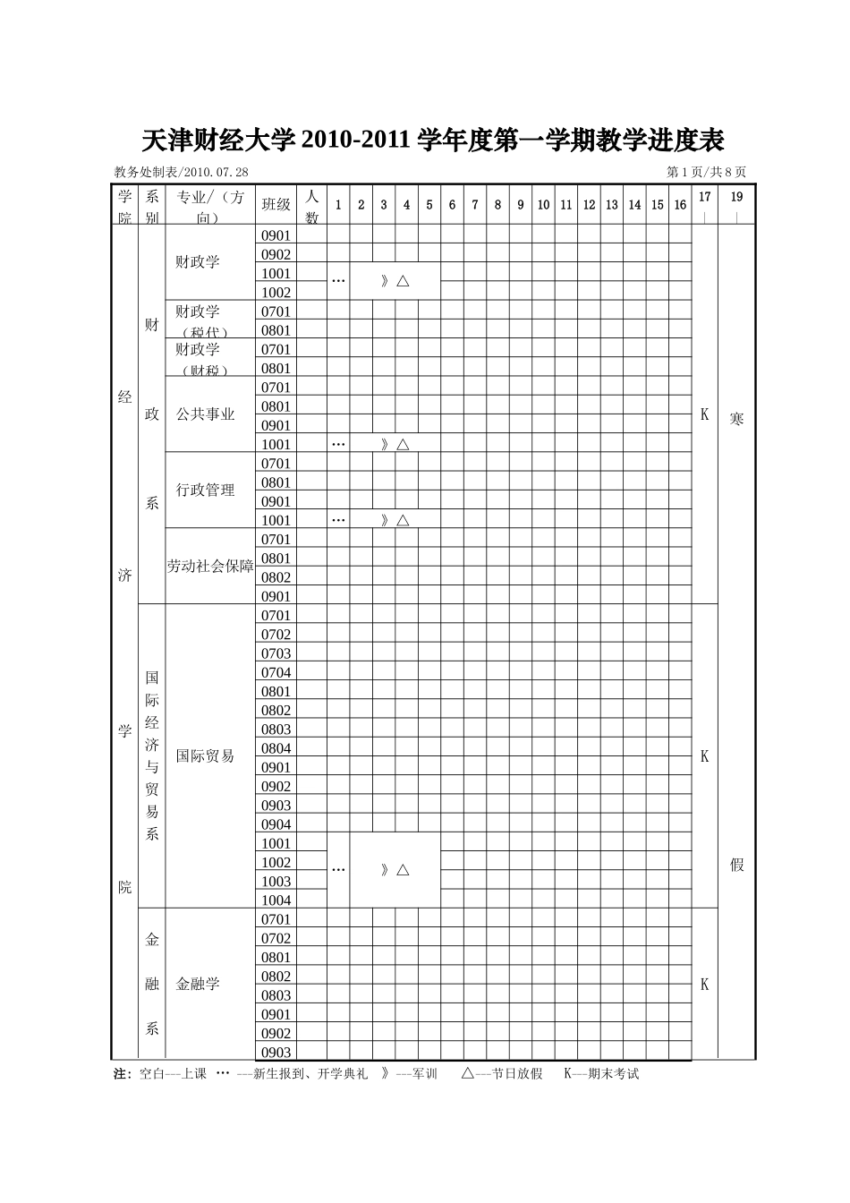 天津财经大学2010-2011学年度第一学期教学进度表_第1页