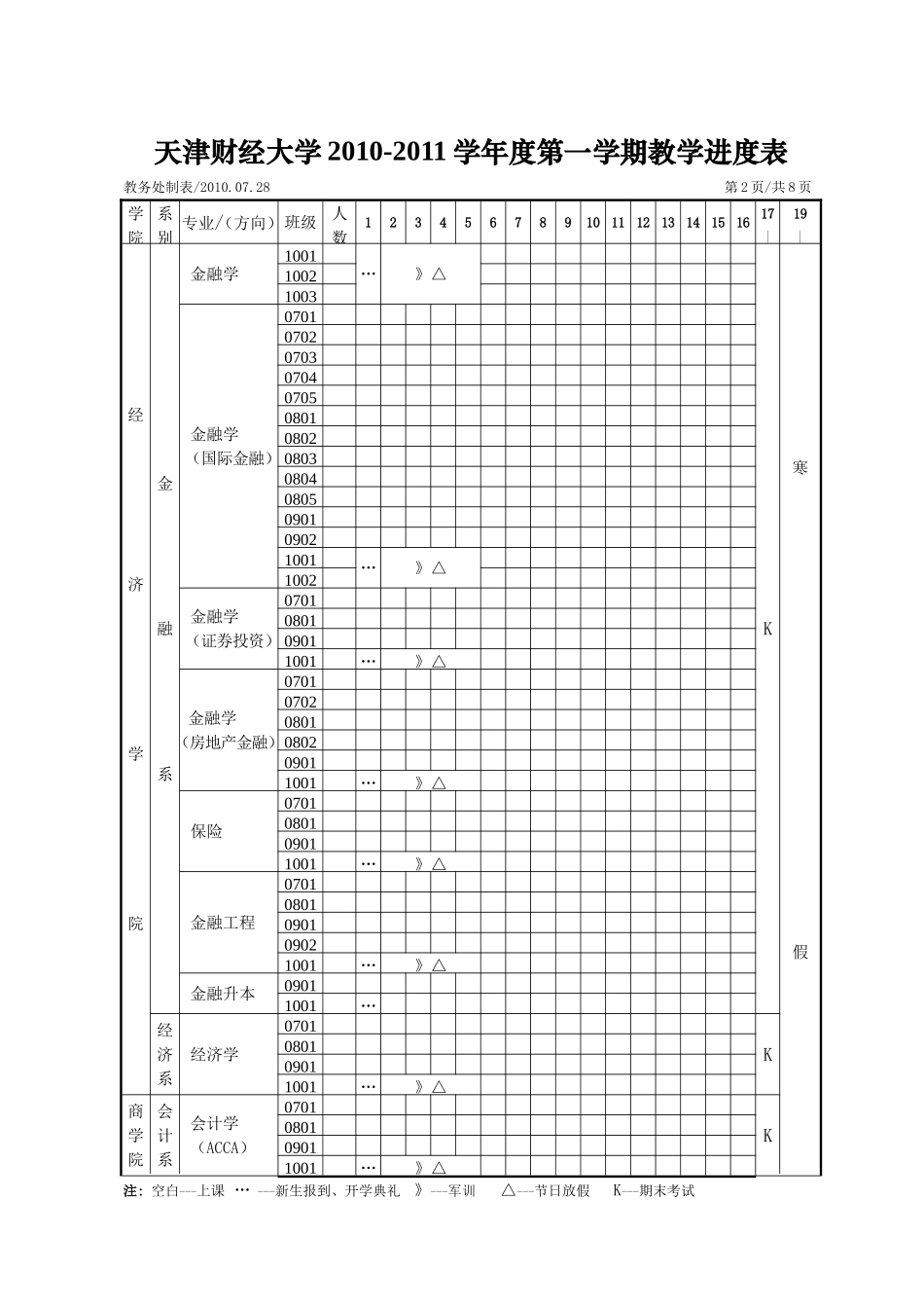天津财经大学2010-2011学年度第一学期教学进度表_第2页