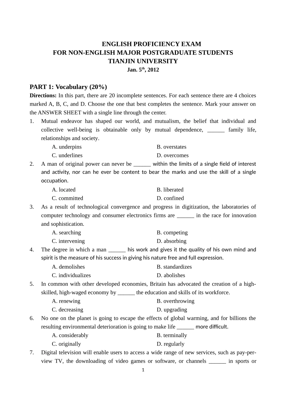 天津大学研究生2011级期末英语考试题_第1页