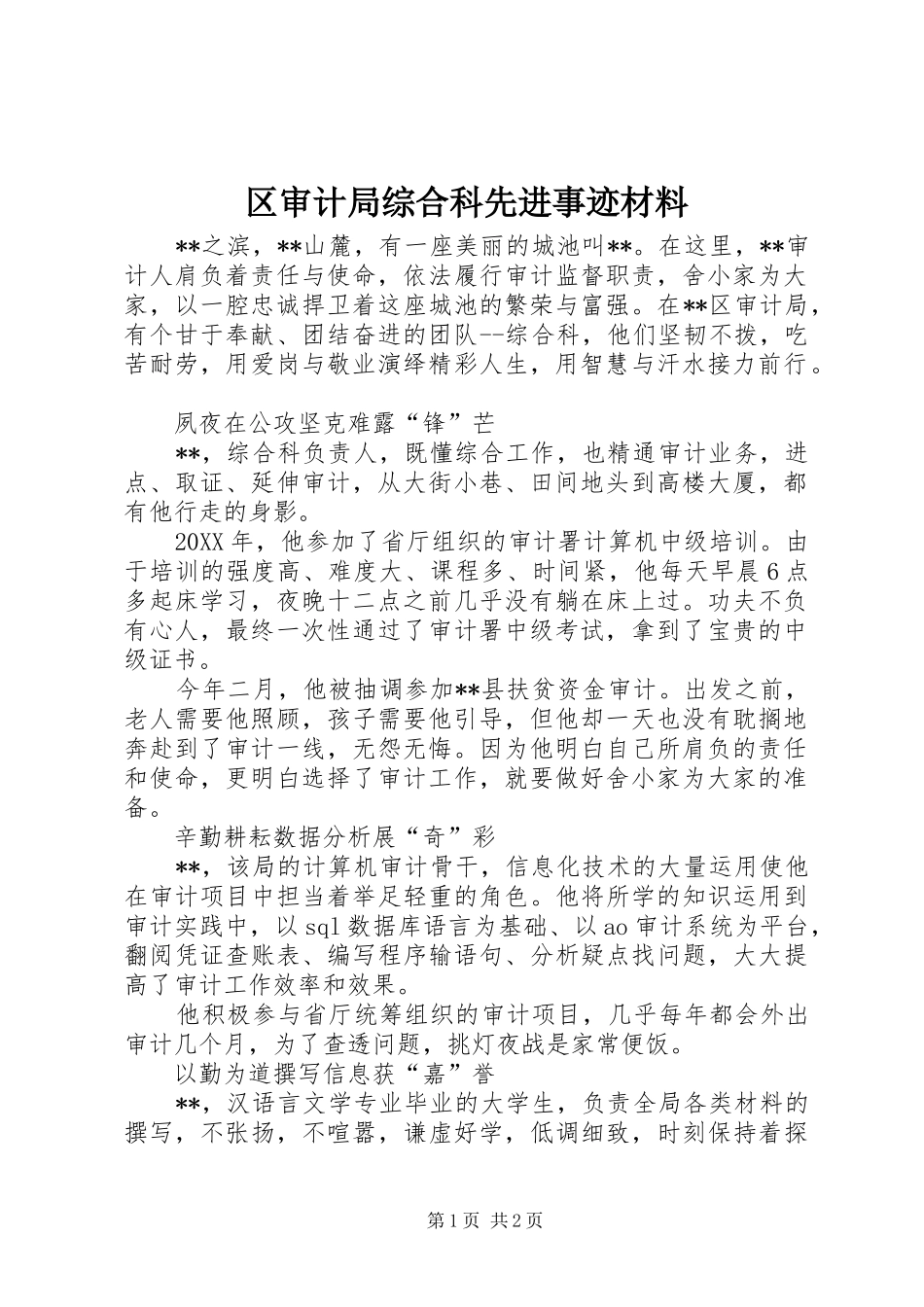 2024年区审计局综合科先进事迹材料_第1页