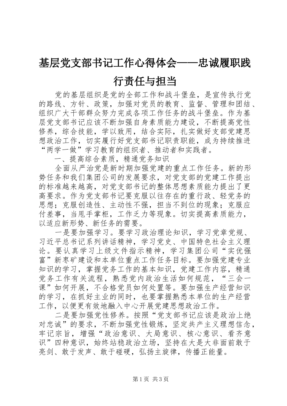 2024年基层党支部书记工作心得体会忠诚履职践行责任与担当_第1页