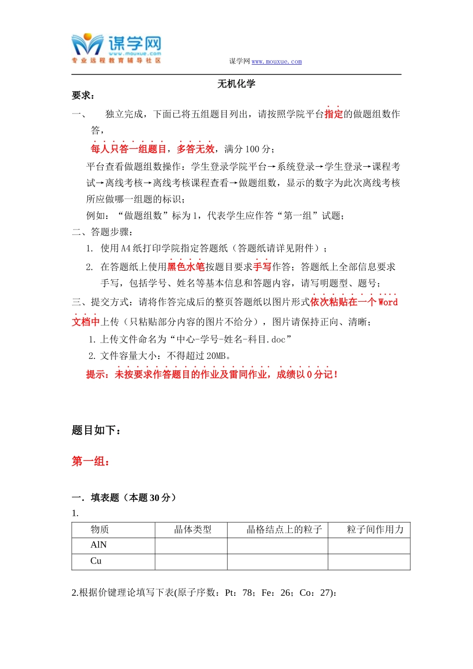 天大《无机化学》2017年6月考试期末大作业_第1页