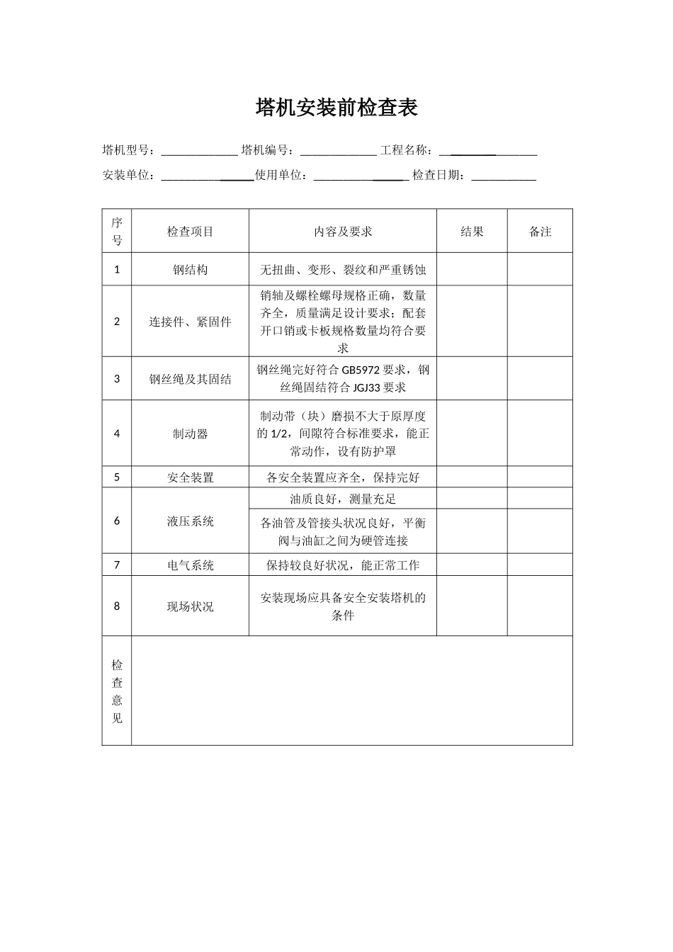 塔吊：安装前检查表、安装自检表、基础验收报告_第1页