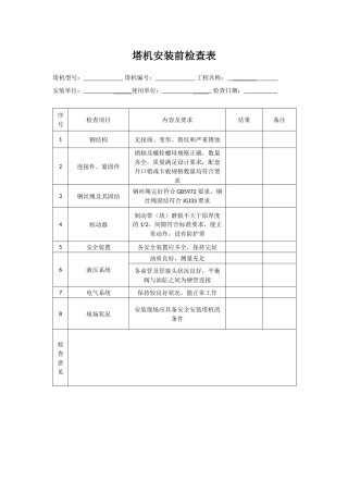 塔吊：安装前检查表、安装自检表、基础验收报告