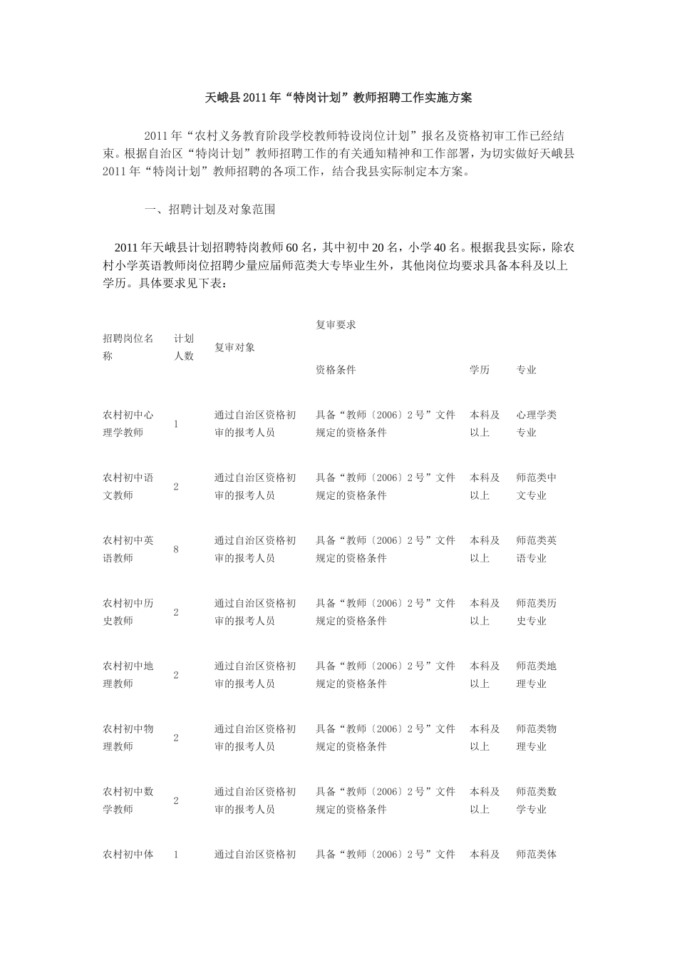 天峨县2011年“特岗计划”教师招聘工作实施方案_第1页