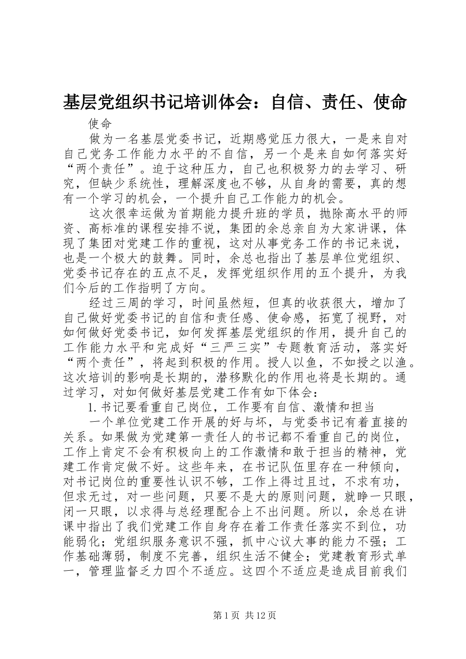 2024年基层党组织书记培训体会自信责任使命_第1页