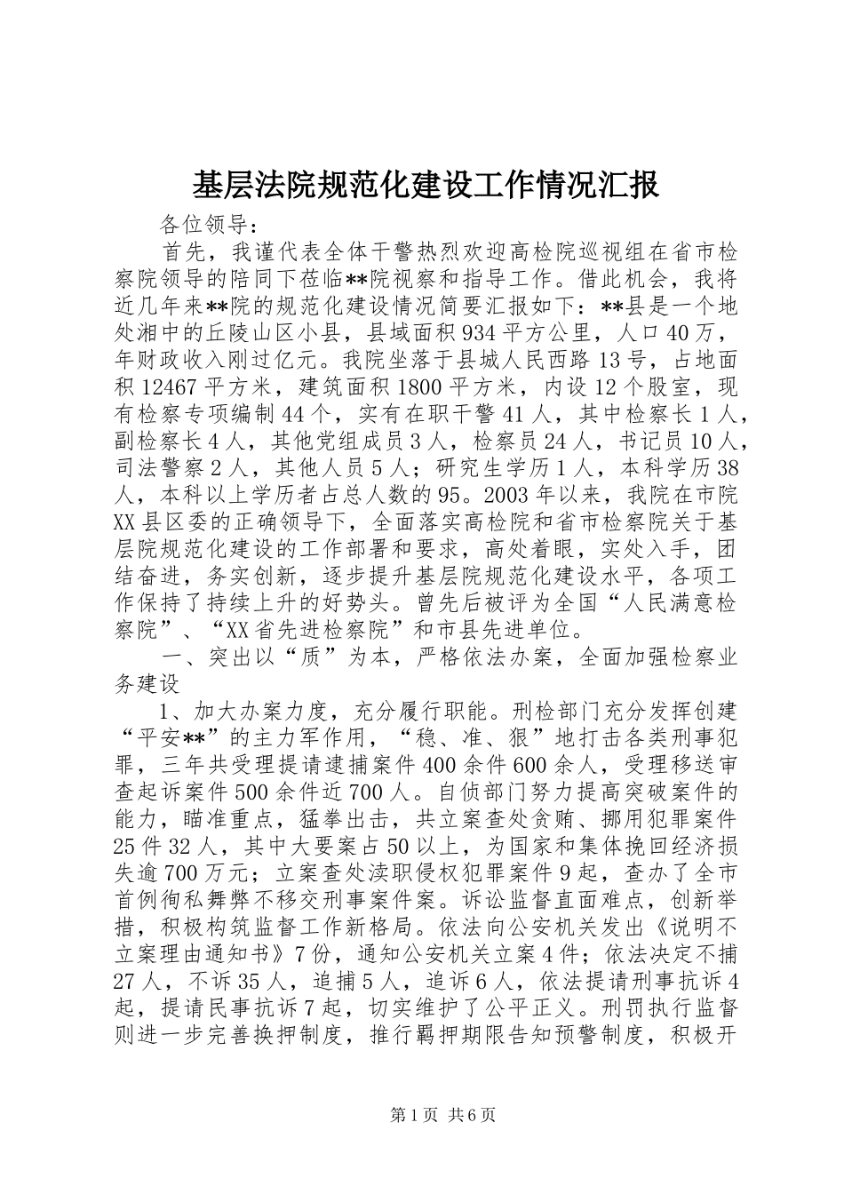 2024年基层法院规范化建设工作情况汇报_第1页