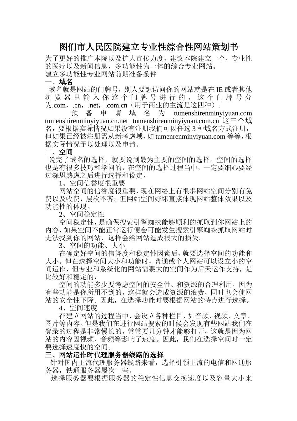 图们市人民医院建设专业性网站策划书_第1页