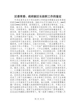 2024年区委常委政府副区长挂职工作的鉴定