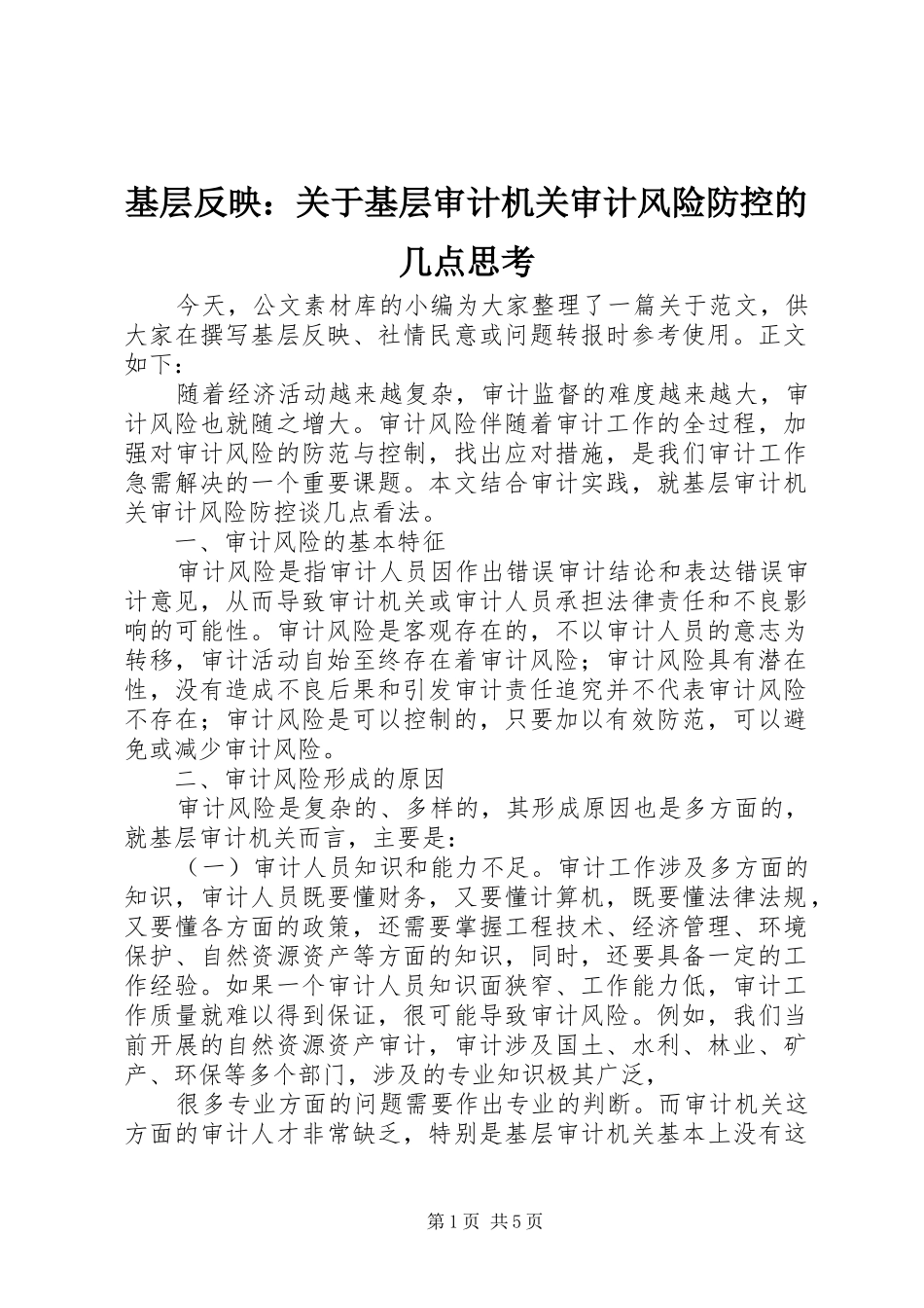 2024年基层反映关于基层审计机关审计风险防控的几点思考_第1页