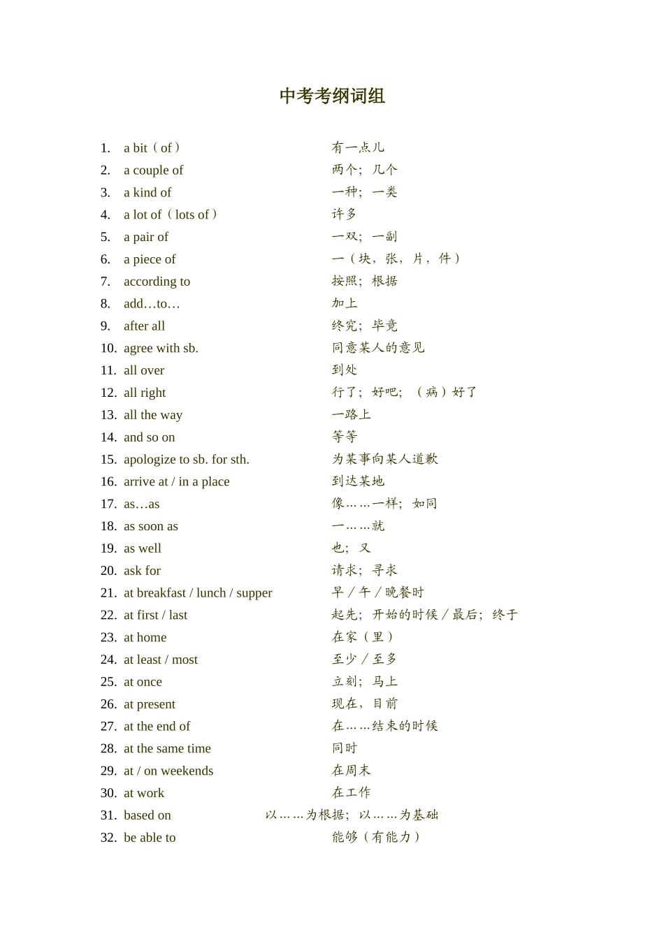 天津中考必背词组(全)_第1页