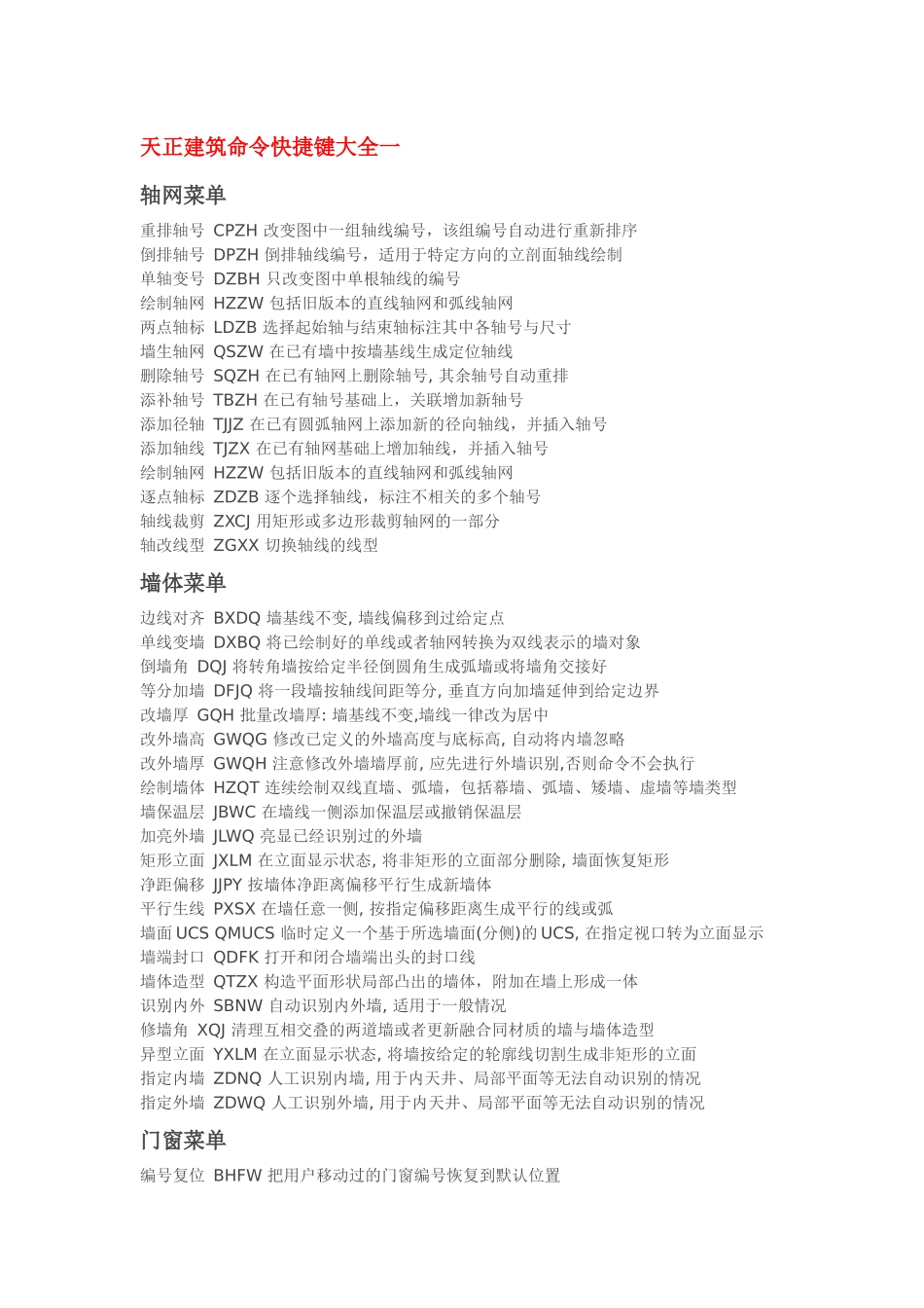 天正建筑快捷键命令大全_第1页