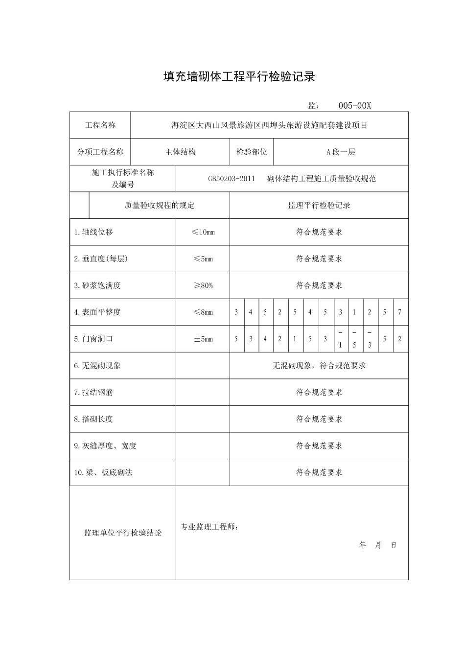 填充墙砌体工程平行检验记录_第1页