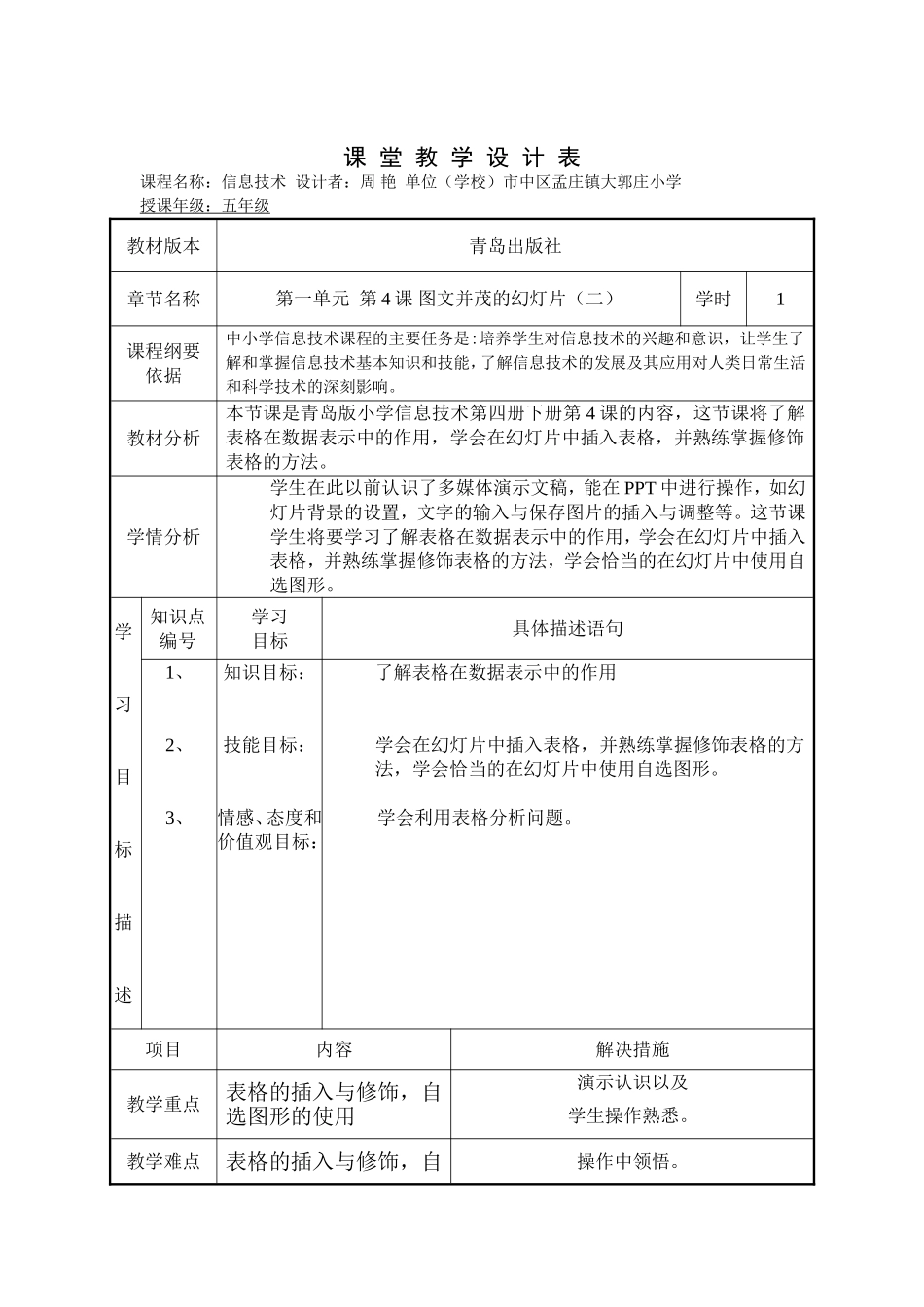 图文并茂的幻灯片2--教学设计表_第1页