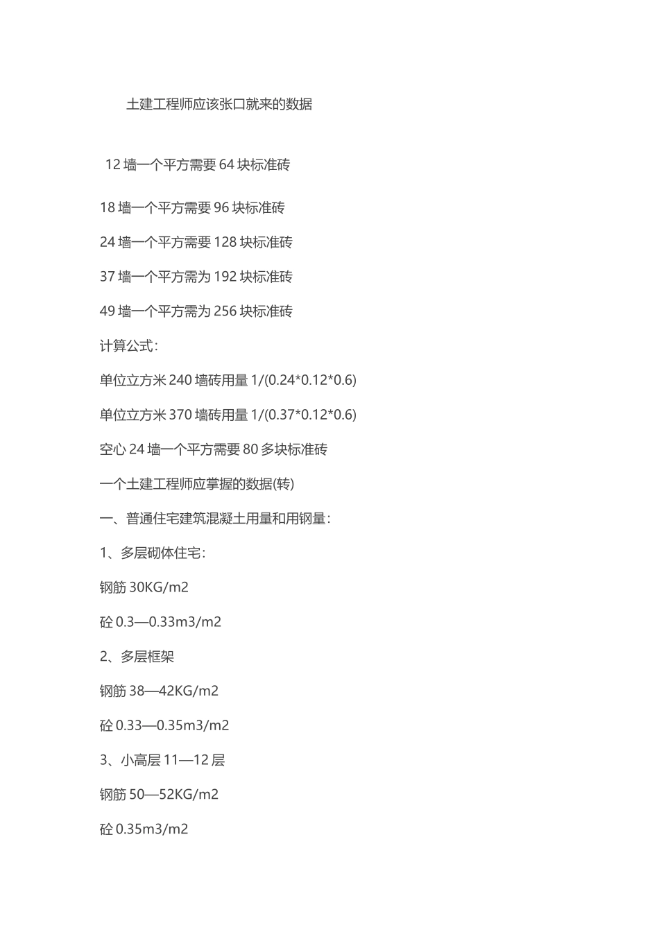 土建工程师应该张口就来的数据_第1页
