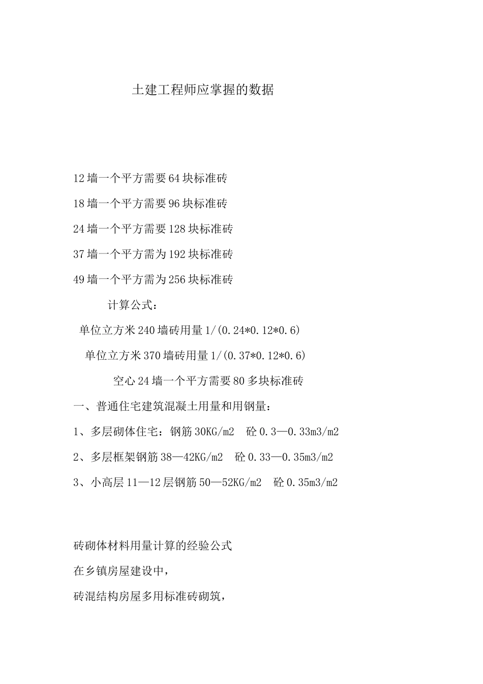 土建工程师应掌握的数据1_第1页