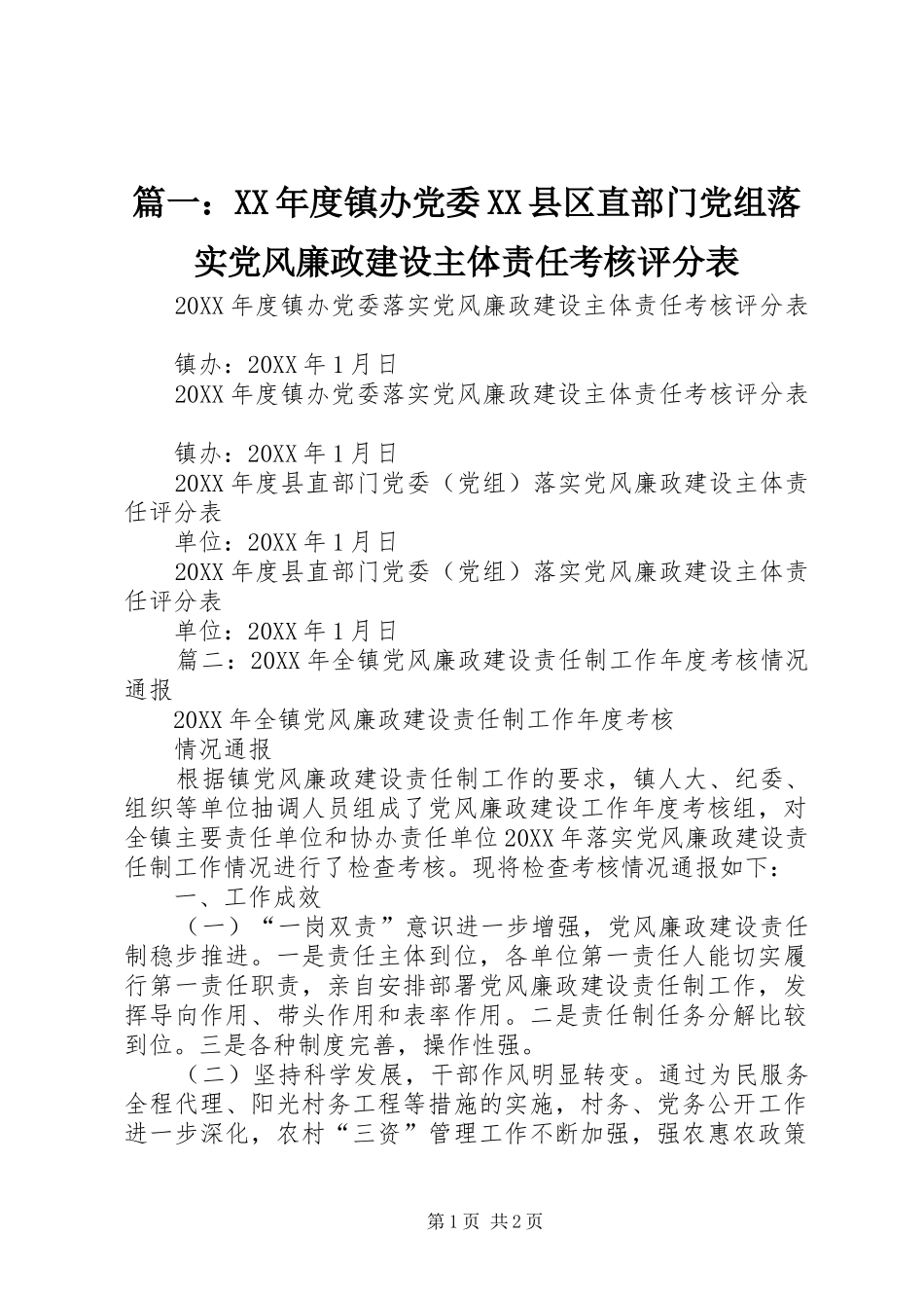 2024年年度镇办党委县区直部门党组落实党风廉政建设主体责任考核评分表_第1页