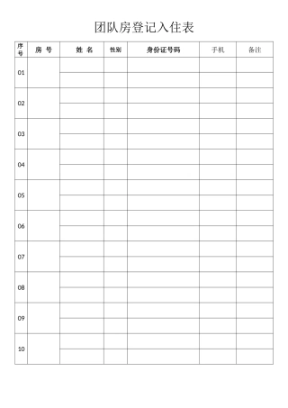 团队入住登记表
