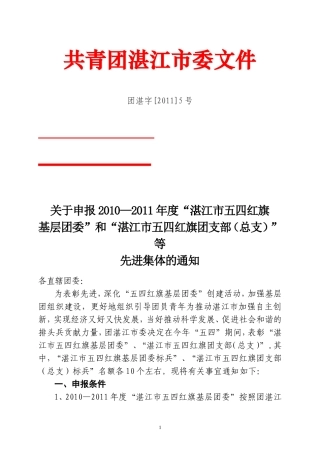 团湛江市委2010-2011评选五四红旗团委等通知