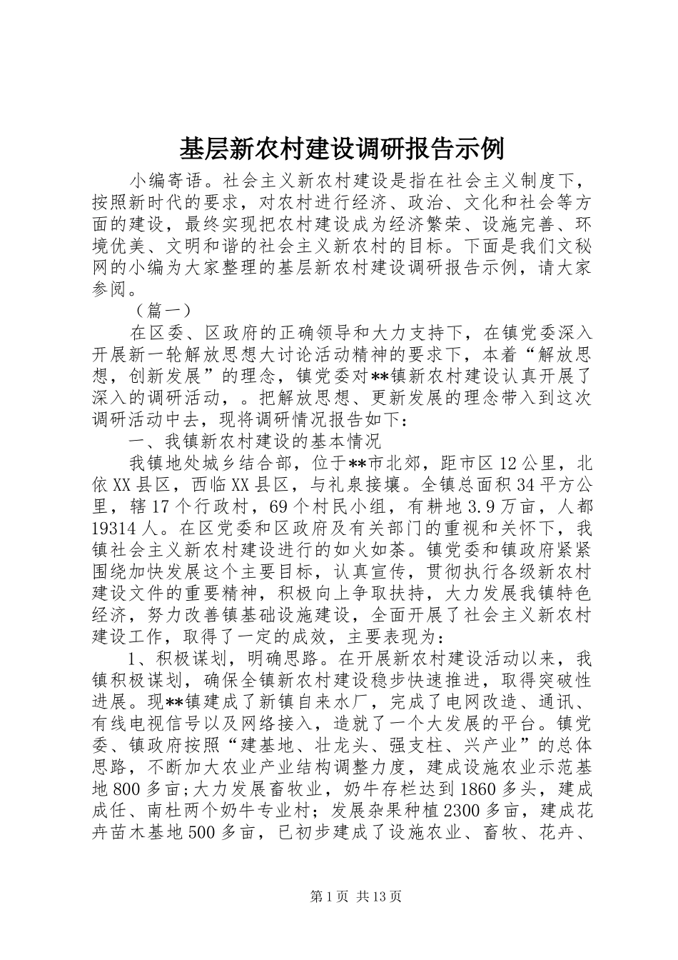2024年基层新农村建设调研报告示例_第1页