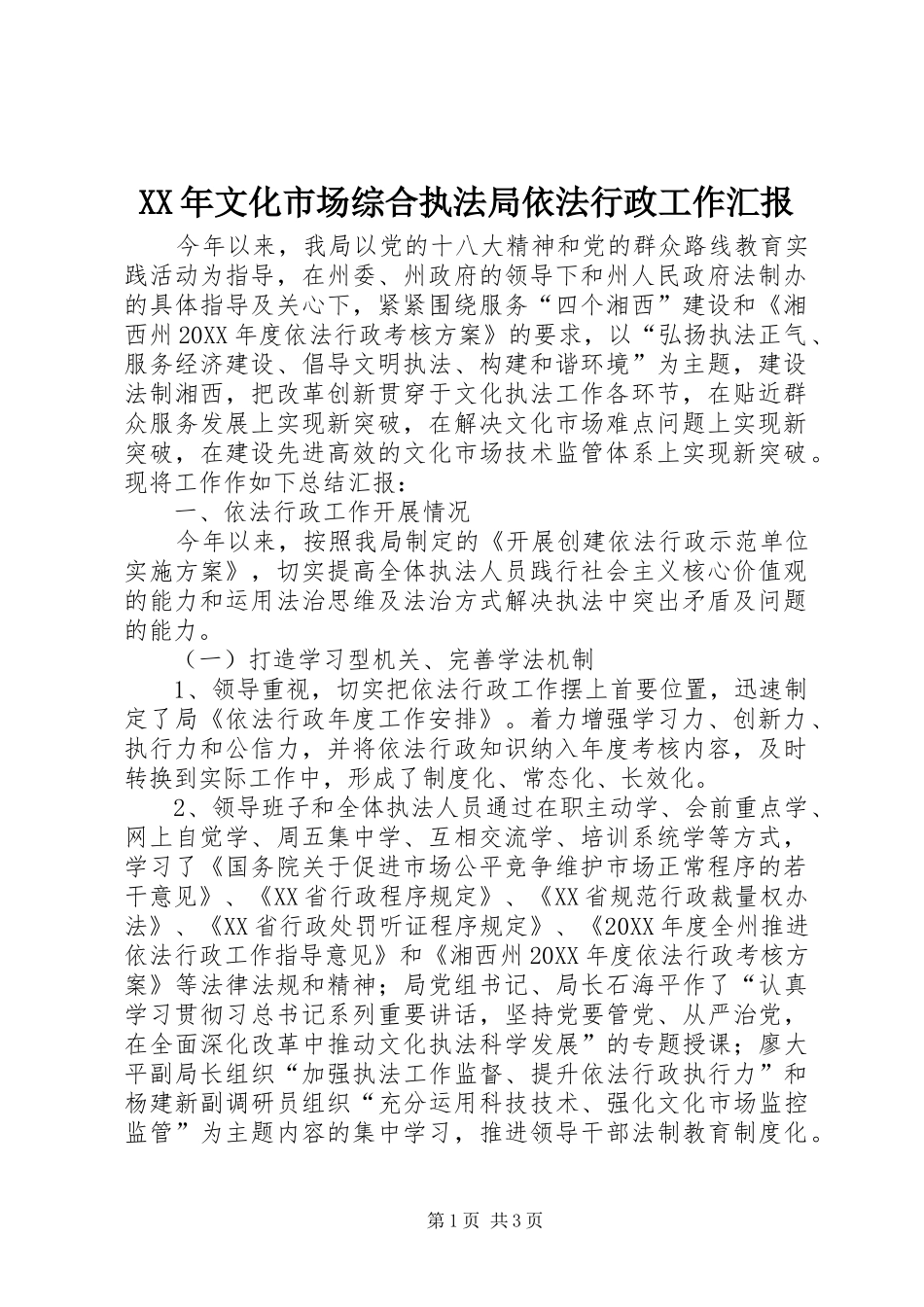 2024年文化市场综合执法局依法行政工作汇报_第1页